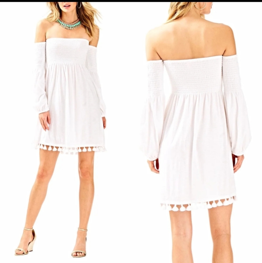 LILLY PULITZER TRINA BEACH OFF SHOULDER TASSEL DRESS WHITE Sz MEDIUM